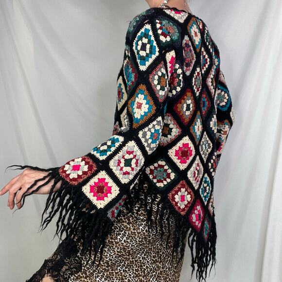 Sue Wong knit studio granny square crochet sweater fringe vintage Y2K wool L - Picture 3 of 14